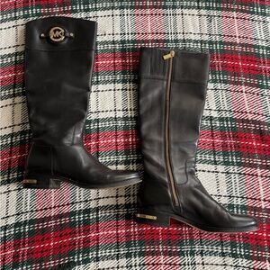 Michael Kors Black Leather Boots with Gold Details